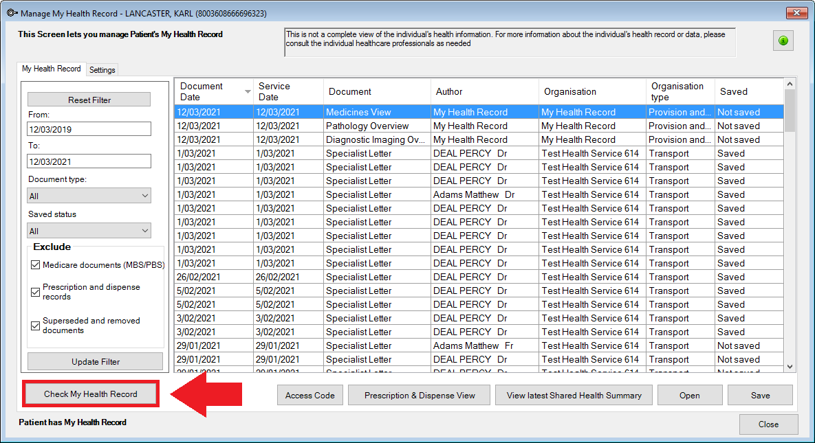 Click Check my health record to check that validity of the patient's MHR